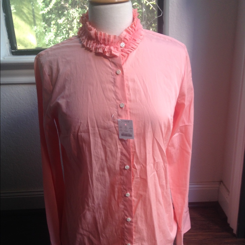 NWT J. Crew Peach/Coral Ruffle Neck Button-Down